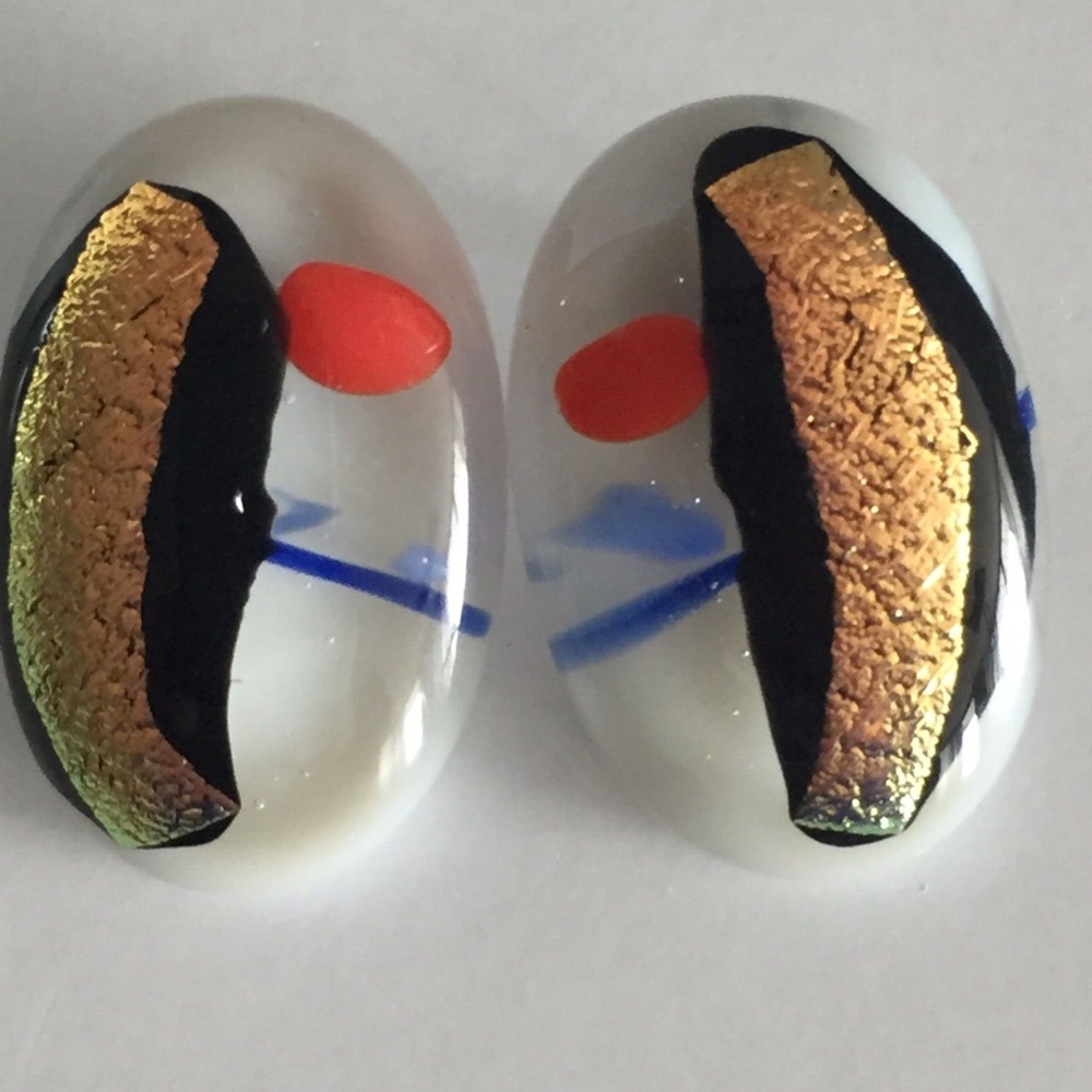 Fused Art Glass Oval Earrings White Gold Red Stainless Steel Studs 1" EUC